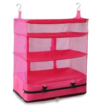 GRAND FUSION Stow-N-Go Portable 3-Tiered Hanging Luggage & Travel Organizer pink