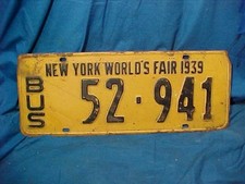 Orig 1939 NY WORLDS FAIR Visitor TRANSPORT BUS LICENSE PLATE 52-941