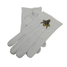 Master Mason White Cotton Gloves with Embroidered Square Compasses Regalia