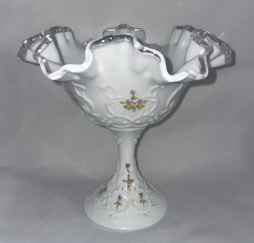 Vintage Silver Crest Fenton Milk Glass Compote  Hand Painted & Signed-Violets