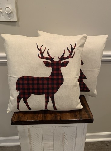 Set of 2 Christmas Throw Pillows White Black Red Buffalo Check Plaid 18x18” TREE - Picture 9 of 12