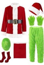 Christmas Costume Men Santa Suit Adult 8PCS Deluxe Furry Green Grinch Size Small