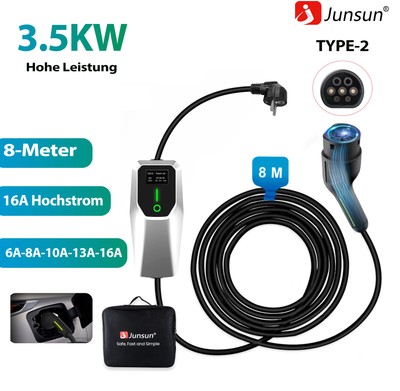 8m 3.5kW 16A Type 2 EV Heim Ladegerät Schuko Einstellbarer Strom EV Ladekabel
