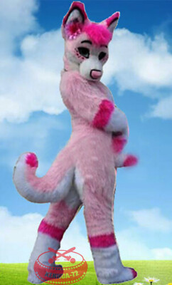 PINK Long Fur Husky Dog Fox Fursuit Mascot Costume Suit Cosplay