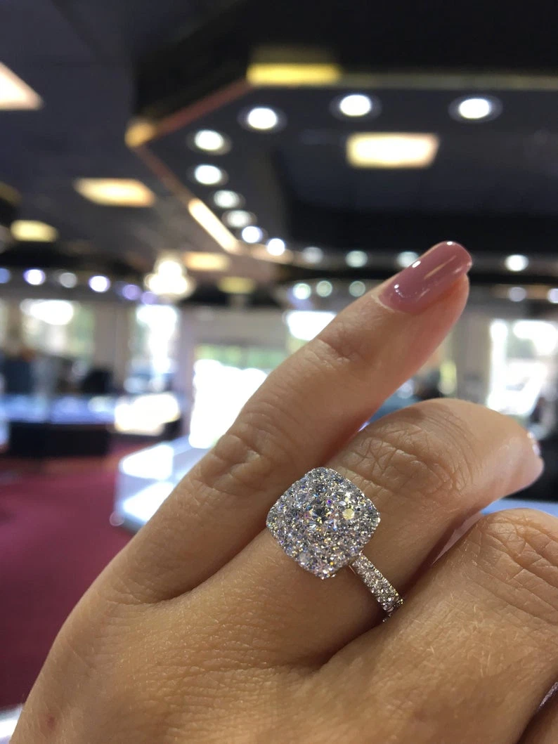 5.00CT Cushion Shape Halo Cluster CZ 935 Silver Women s Engagement Fashion Ring