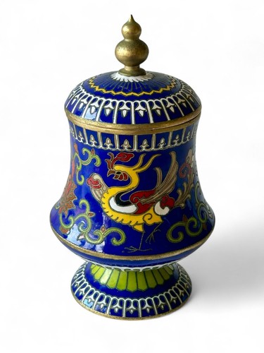 Vintage cloisonné blue enamel toothpick matches holder lidded pot 1950's CHINA - Bild 6 von 9
