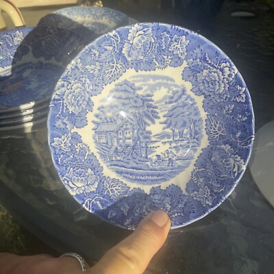 2 Wood & Sons English Scenery Blue CEREAL BOWLS Enoch Blue Transferware Donkey