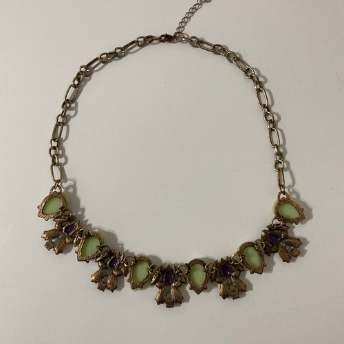 Purple Pastel Green Rhinestone Statement Bib Gold Tone Teardrop Acrylic Necklace - Picture 6 of 10