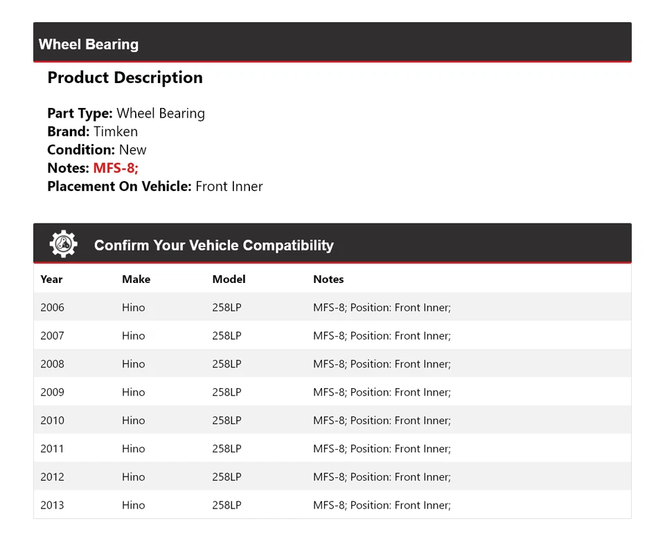Cojinete de rueda interior delantero Timken 2007 2008 2009 2010 para Hino 258LP 2006-2013 Foto 2 de 4