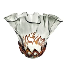 Hand Blown Vase Fluted Handkerchief Amber Ribbon 10"x 10.5" Smokey Green Studio