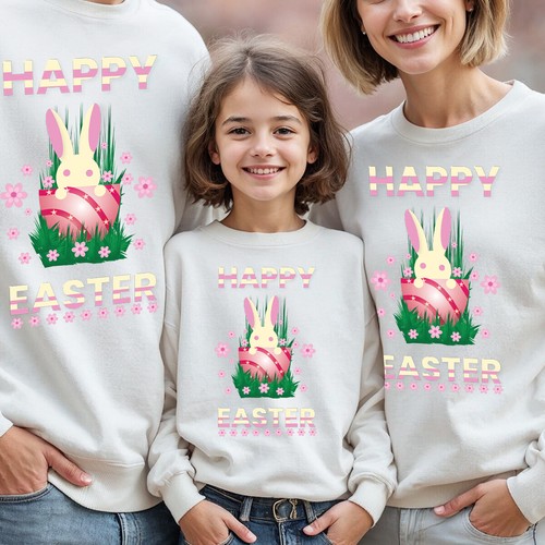 Family Bunny Peeking Egg Happy Easter Sweatshirt Jumper Holiday Matching #ED - Picture 3 of 27