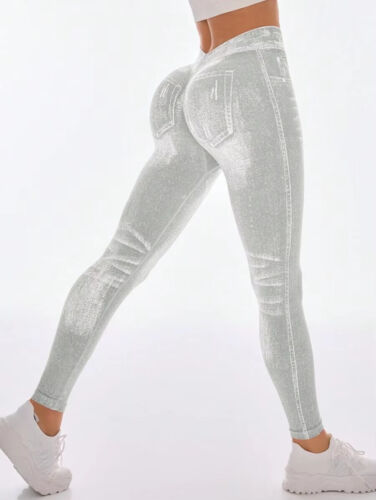 Damen-Yogahose V-Ausschnitt Denim-Druck Fitness Scrunch Po-Lift niedriger V-Ausschnitt - Bild 31 von 66