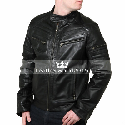 New Pattern Men's Black Biker Jacket Real Leather Trendy Motorcycle Racer Outfit