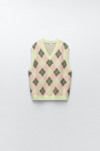 ZARA GREEN & PINK ARGYLE SOFT KNIT VEST SLEEVELESS JUMPER SIZE M - Picture 13 of 15