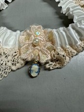 Handmade Wedding Garter - Cream Lace Floral Design - Antique Pendant