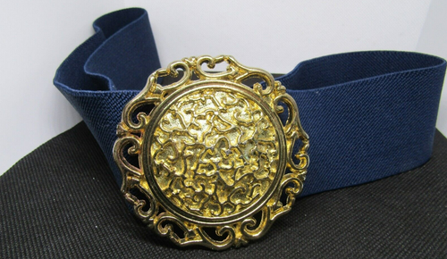 Vintage 80s Wide Stretch Elastic Navy Belt with Gold Buckle Size Medium