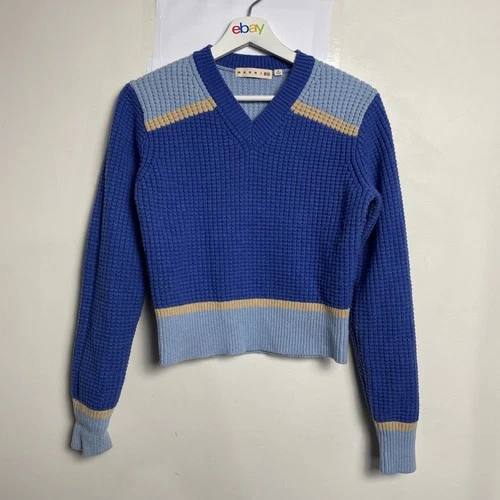 Marni Uniqlo Sweater Womens Medium Blue Beige Colorblock Knit Pullover Wool