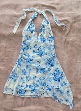 Image of SHEIN White Blue Floral Halter Mini Dress Ruched V Neck Layered Ruffle Size S