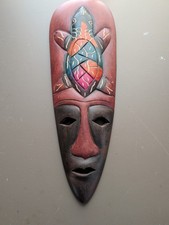 Hand Carved Wooden African Mask with Turtle Wall Hanging Colorful Art