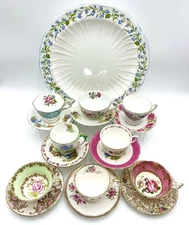 Mismatched Teacup Sets By Famous Makers And Shelley Harebell Serving Platter