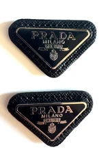 Prada Triangle Metal Logo Plaques– Black Saffiano Leather – Set of 2 – 3cm x 2cm