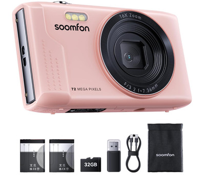 SOOMFON Pink Compact Digital Camera, Max 72MP for Kids/Beginners