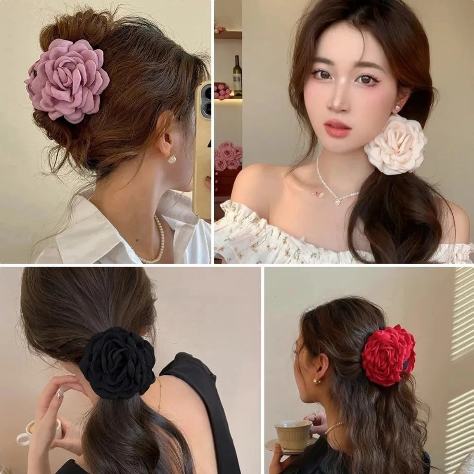 16 Colors Sweat Medium Size Cotton Fabric Rose Flower Hair Claw Clips for Women - Image 2 of 4