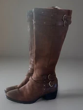 BORN Tall Brown LEATHER Boots DOUBLE-BUCKLE Western Riding Biker Women’s Size 9