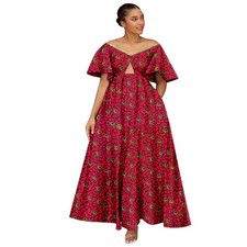 African Ankara Print Dress for Women Wax Short Sleeve V-Neck High Waisted Dress