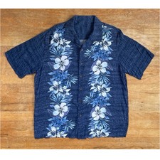 Vintage Mens Hawaiian Shirt Size Medium 1990s Blue Hibiscus Floral Print