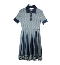 Tory Burch Gemini Link Small Knit Navy  Jacquard Pleated Polo Dress NO BELT