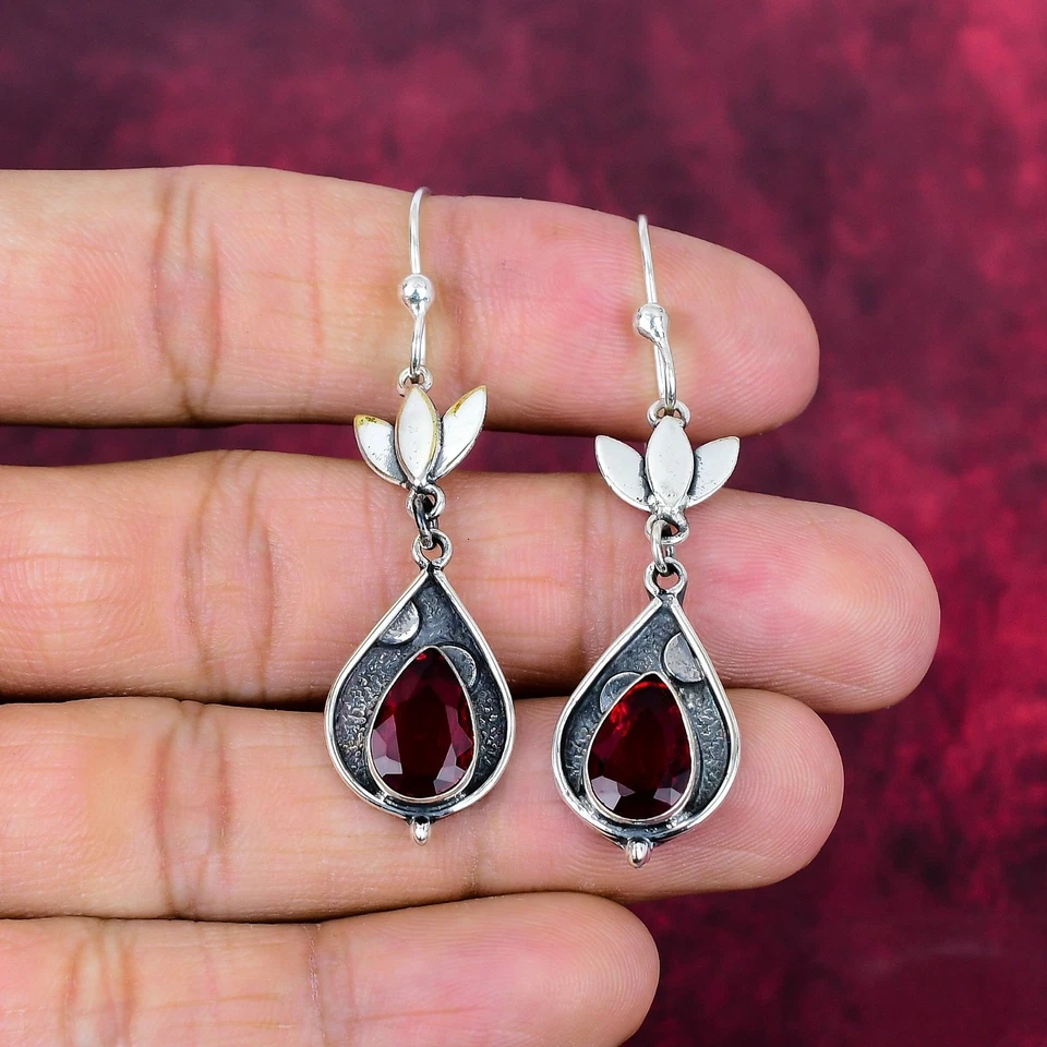 Garnet Gemstones Handmade 925 Sterling Silver Jewelry Earring For Thanksgiving - Image 3 of 4