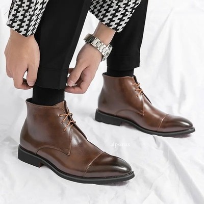 38-48 Plus Size Mens Lace Up Ankle Boots Faux Leather Pointed Toe Business Shoes