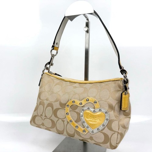 COACH Accessory Pouch Handbag One Shoulder Heart Signature Canvas Patent Yellow