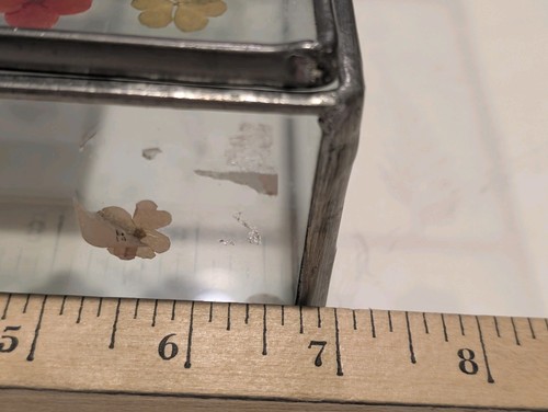 Vintage Keepsake Pressed Flowers Glass Metal Photo Trinket Box Chain 7” 5” 3” - Picture 12 of 12