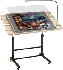 LED Rotating Puzzle Table with 4 Drawers  Wheels - 500 Piece Capacity