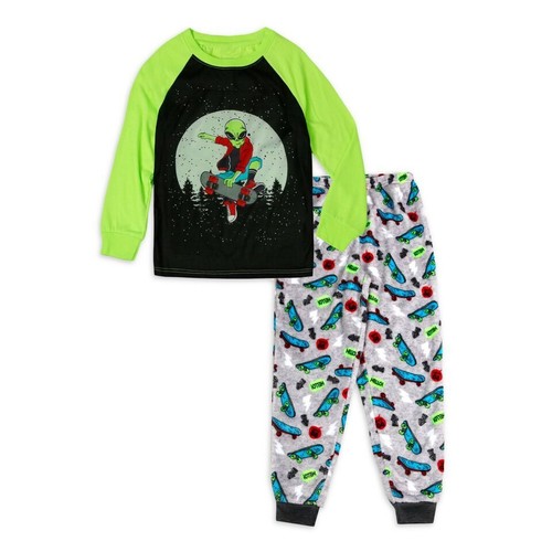 Boys Dino / Wolf / Gaming Skull Long Sleeve Top & Fleece Pants Pajama 2-PC Set - Picture 14 of 17