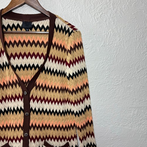 Anna Sui Cardigan Sweater 12 Chevron Zig Zag Pockets Western Neutral Earthy Boho - Picture 4 of 13