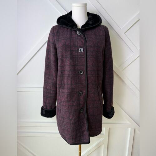 Ike Behar Plush Lined Hooded Jacket Faux Fur Burgundy Black Plaid Size Small - Picture 2 of 12