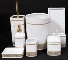 NEW 8 PC SET WHITE CERAMIC+GOLD CRYSTALS DISPENSER+TRASH+TOILET BRUSH+JAR+TRAY+