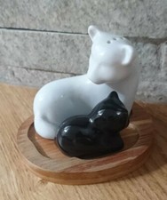Cat Kitten Salt & Pepper Pots Porcelain Black White Wooden Holder 