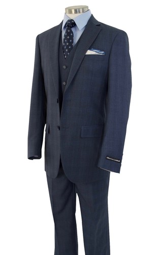Men's Cool Blue Glen Plaid 3pc 2 Button Slim-Fit Suit w/ Matching Vest NEW - Picture 5 of 6