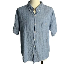 Weatherproof Vintage Button Down Shirt XXL Blue Linen Blend Short Sleeve Pocket