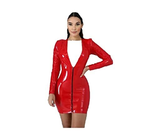 Red Temptation Sexy Deep V Long Sleeve Zipper Mini Clubwear Leather Dress - Picture 1 of 5