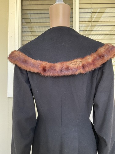 Vtg 40s/50 Black Wool Princess Coat Genuine Mink Trim Shawl Collar 8/10 - Picture 9 of 11