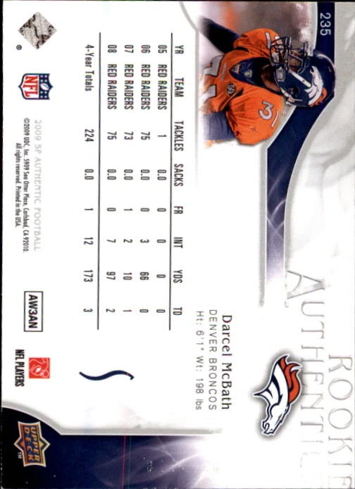 A1642- 2009 SP Authentic #235 Darcel McBath RC /999 SAMPLE PIC - Image 2 of 2