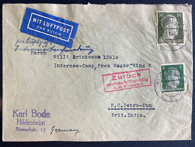 1943 Hildesheim Germany Airmail Cover To Interment POW Camp In Dehra Dun Indian