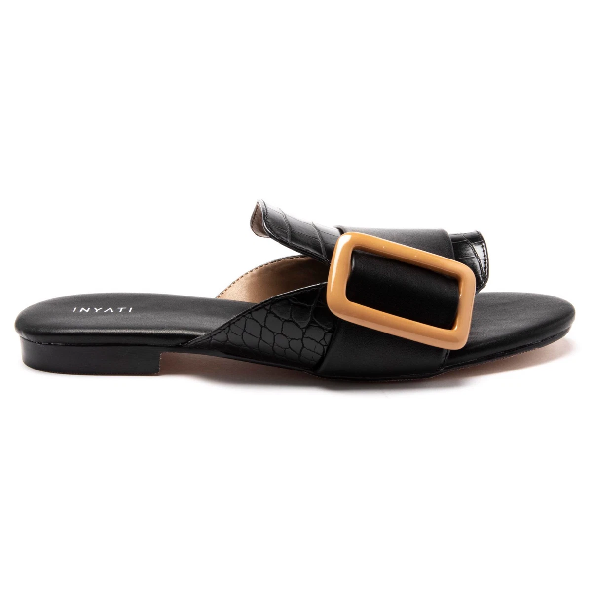 Inyati NATALIE Black Sandals with Statement Buckle Anti Skid Soft