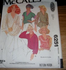 CUT 60s-70s McCALLS' CAREFREE KINT TOPS FOR STRECH MATERIAL MISSES MEDIUM