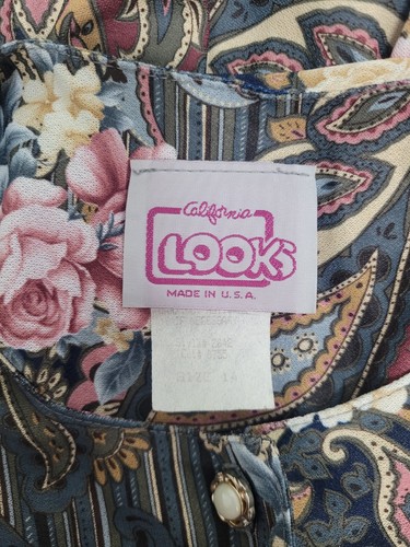 VTG California Looks Elastic Waist Button Up Front Floral 3/4 Sleeve Dress 14 - Picture 3 of 7